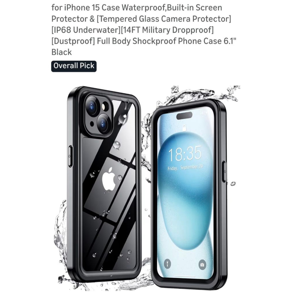 Black/Clear iPhone 15 Waterproof Shockproof Phone Case‎ One Size